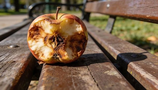 Half-eaten apple decaying on weathered park bench in warm sunlight
