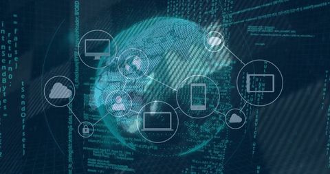 Connecting global devices over digital globe with streaming code, cloud and security icons