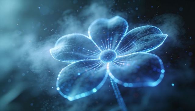 Holographic cyan flower with pulsing particle filaments and glowing core