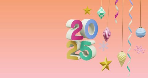 colorful numbers 2025 alongside ornamental stars and baubles on pink background. ideal as a new year backdrop for party invitations, greeting cards, and celebration-themed advertisements.