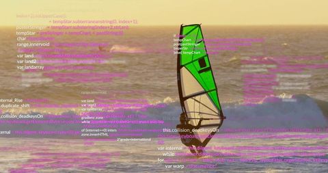 Windsurfer navigating choppy sea at sunset with neon green sail and floating code overlay