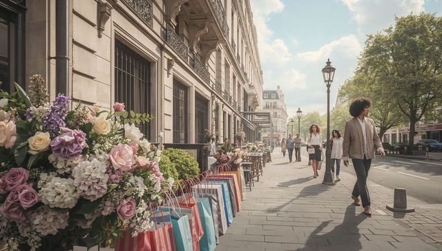 Sunlit urban flower stand with colorful shopping bags and stylish pedestrians walking