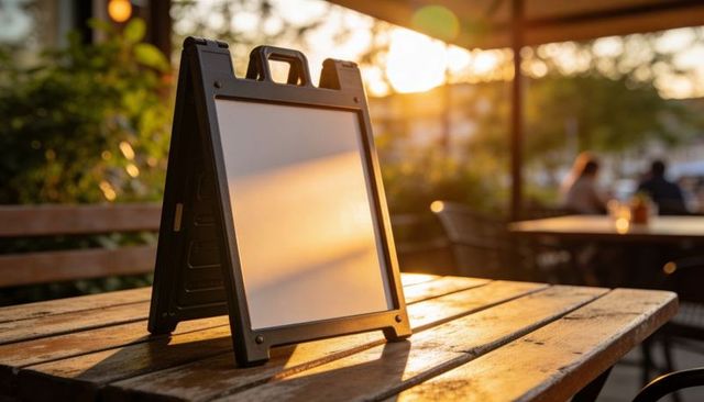 Blank a-frame sidewalk sign on wooden table at outdoor cafe during golden hour