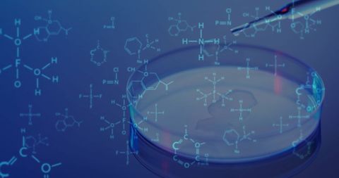Pipette filling petri dish with molecular structures digital overlay