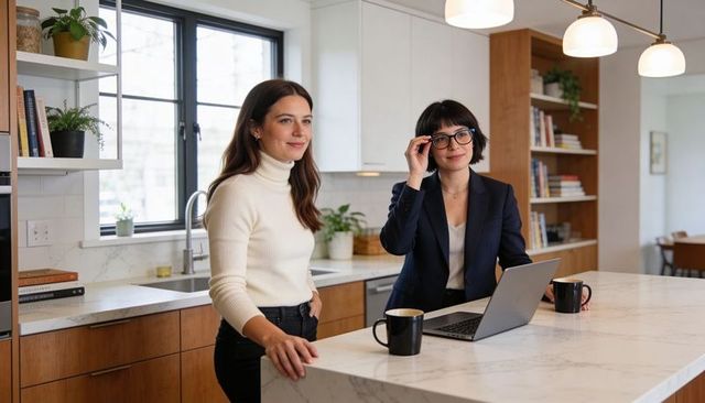 Two women collaborating at modern marble kitchen island with laptop and coffee