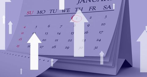 calendar page displays first days of a new month, accompanied by upward arrows representing progress and motivation. ideal for concepts around fresh starts, setting goals, new year resolutions, and aspirations for personal growth. useful for motivational themes, productivity articles, and planning materials.