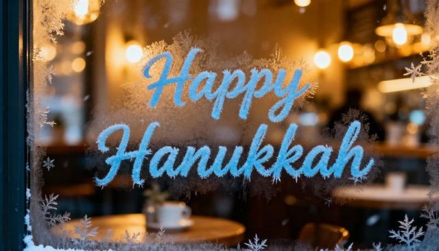 Happy hanukkah frosted cafe window with cozy bokeh lights and coffee cup
