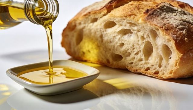 Pouring olive oil into square dish with crusty artisan bread closeup