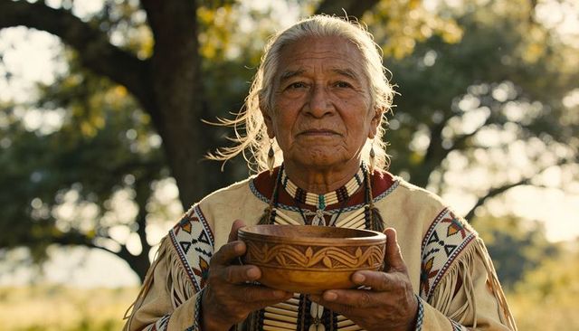 Native american elder holding carved wooden bowl wearing beaded regalia golden-hour portrait