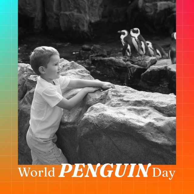 Composition of world penguin day text over boy by penguins. World penguin day, wildlife and nature concept digitally generated image.