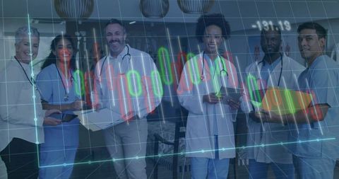 Multidisciplinary medical team collaborating with holographic patient data in hospital corridor