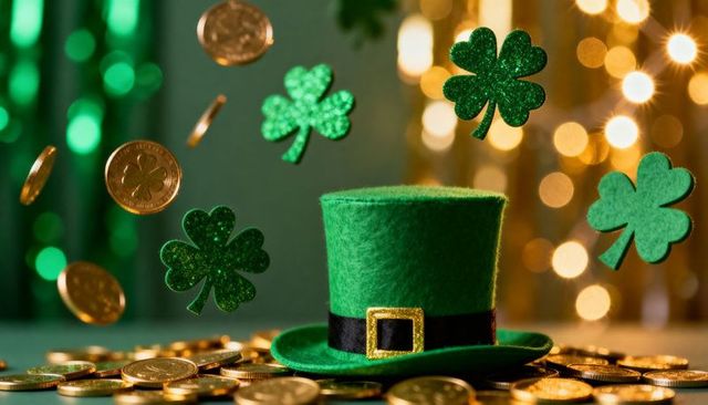 Green Leprechaun Top Hat with Falling Gold Coins and Glitter Shamrocks for St Patrick's Day