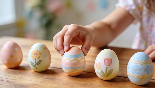 Child picking pastel hand-decorated Easter eggs on wooden table in warm spring light