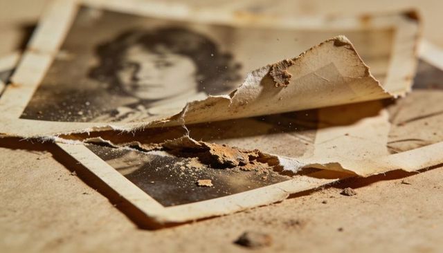 Torn Vintage Portrait Prints, Dusty Curled Corners Evoking Nostalgia and Aged Paper Texture