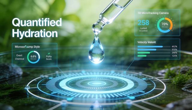 Hovering water drop displaying holographic hud for quantified hydration on mossy surface
