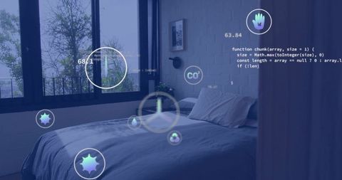 Augmented reality hud monitoring air quality and sensors in modern minimalist bedroom