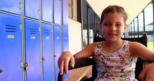 Young Girl in Wheelchair Smiling Next to Lockers Outdoors - Download Free Stock Images Pikwizard.com