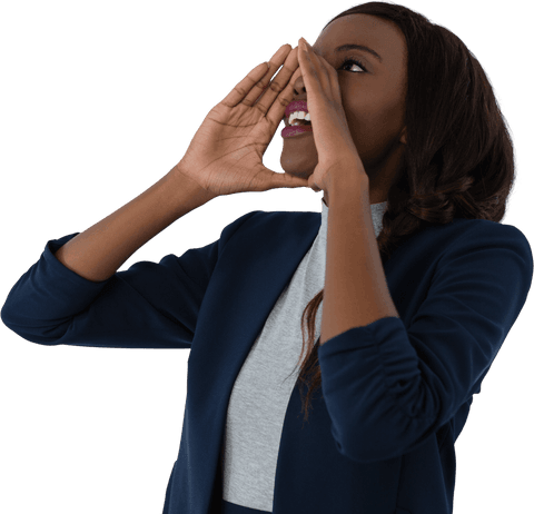 Transparent Businesswoman Confidently Shouting in Navy Suit