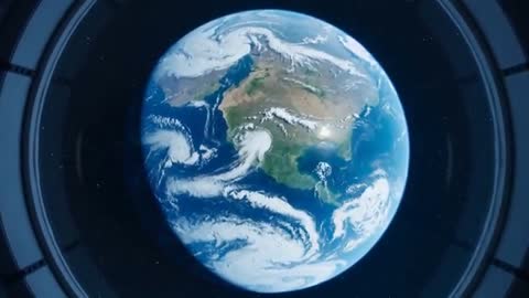 Orbiting Earth Through Spacecraft Window Showing Rotating Planet, Cyclone and Cloud Bands