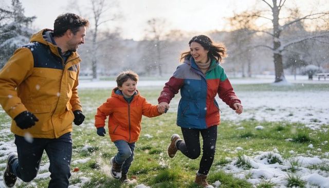 Family running and laughing through snowy park in colorful winter jackets and boots