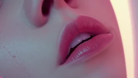 Glossy Pink Lips Under Neon Glow Creating Modern Aesthetic