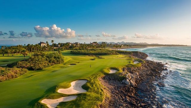 Golfer lining up putt on cliffside coastal green at golden hour with ocean view resort