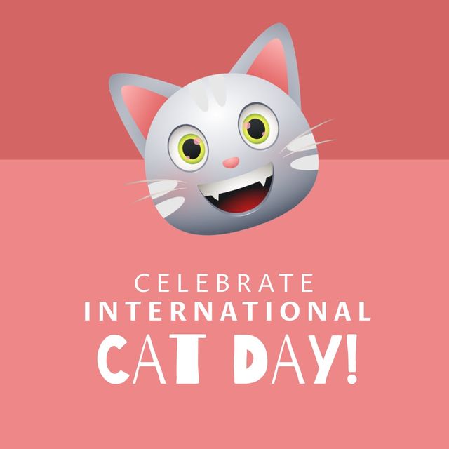 Illustration of gray cat and celebrate international cat day text on pink background, copy space. pet, vector, feline, animal, protection and awareness concept.