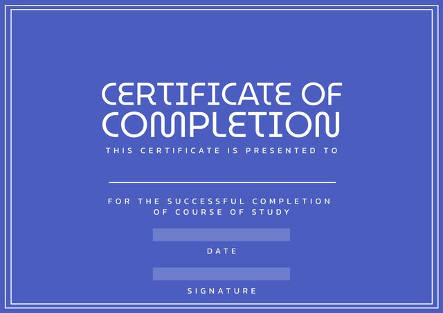 Minimalist blue certificate of completion template with white text and placeholders for name, date, and signature. Ideal for educational institutions, training programs, or businesses acknowledging successful course completions. Customizable for various recognitions and achievements.