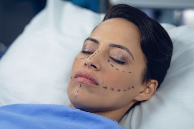 Female patient lying in hospital bed with facelift surgery markings on face. Useful for illustrating cosmetic surgery procedures, medical preparations, healthcare services, and patient care in hospitals.