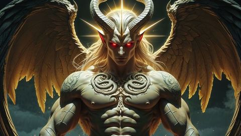 Epic Horned Creature with Wings Against Stormy Sky