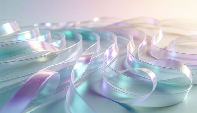Iridescent satin ribbons curving on reflective surface with pastel pearl sheen