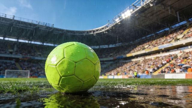 Neon green soccer ball glistening on rain-soaked turf during match at packed stadium