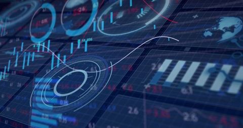 Futuristic Financial Dashboard Showing 3D HUD Analytics, Candlestick Trends and Global Data