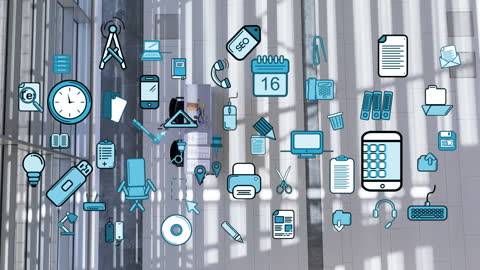 Digital Business Icons Floating in Modern Office Environment