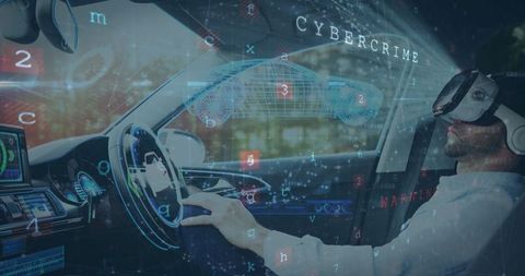 Man using vr headset in self-driving car with cybersecurity elements