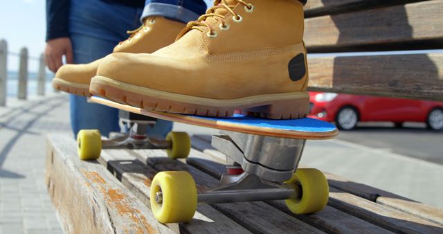 Close-Up of Feet in Boots Balancing on Skateboard - Download Free Stock Images Pikwizard.com