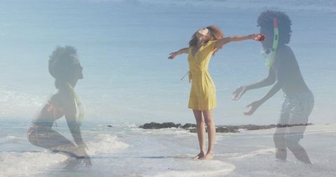 Joyful woman in yellow dress stretching on beach with playful double exposure children