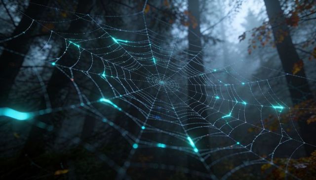 Glowing teal spider web catching dew in misty forest with luminescent droplets