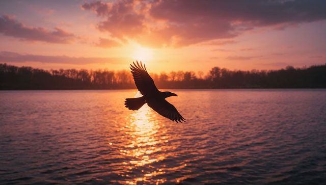 Serene Bird Silhouette Over Lake at Vibrant Sunset