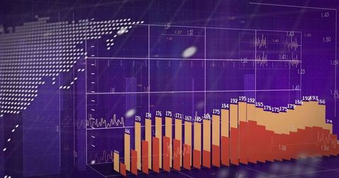 3d rising bar chart with world map and numerical data