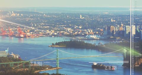 Digital Data Overlay on Cityscape View with Bridge