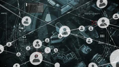 Digital Network Over Cityscape with Data Visualization