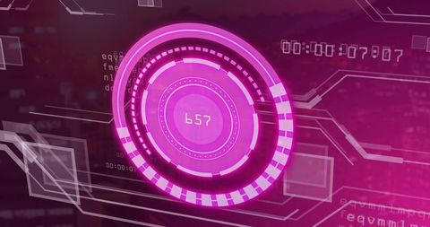 Rotating Magenta HUD Interface with Neon Circular Readout 657 for Tech Design Assets