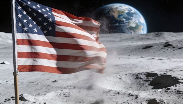 American flag rippling on lunar surface stirring dust plume with earth rising on horizon