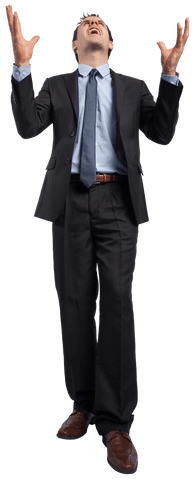 Frustrated Businessman Raises Hands on Transparent Background