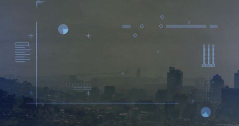 Hazy urban skyline showing futuristic blue HUD overlay over coastal metropolis panorama
