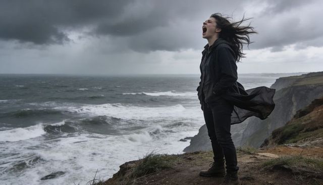 Woman shouting into storm from cliff with windswept coat overlooking rugged ocean