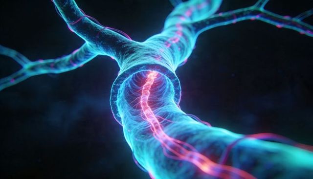 Pulsating neuron axon projecting diagonally with glowing magenta filament and cyan sheath