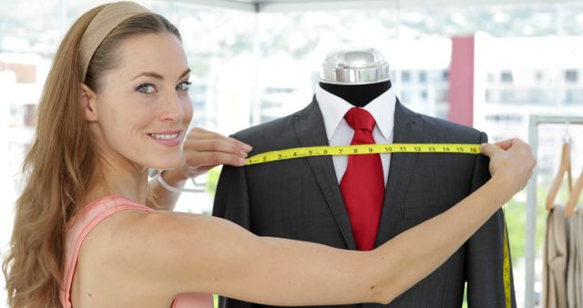 Pretty fashion designer measuring suit on mannequin in her studio