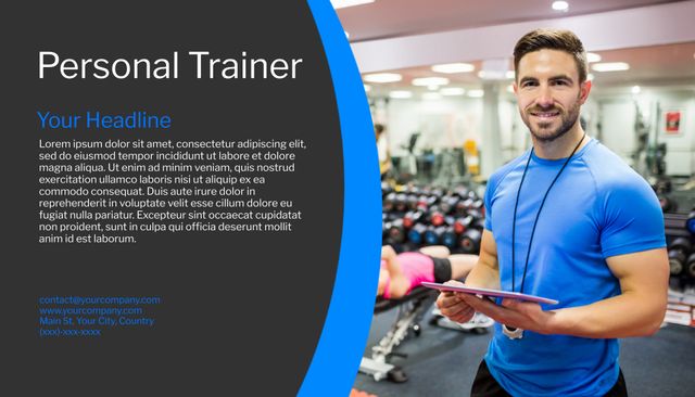 Image showcases a cheerful personal trainer in gym holding a clipboard, providing guidance, surrounded by gym equipment. Perfect for promoting fitness services, gym memberships, training programs, and health campaigns. The professional and motivating atmosphere is ideal for marketing materials and advertisements targeting fitness enthusiasts.